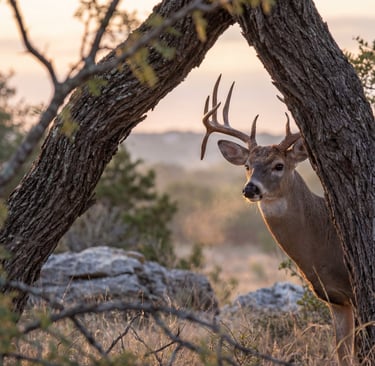 A majestic whitetail deer buck with large antlers peeking from behind a tree at sunset.