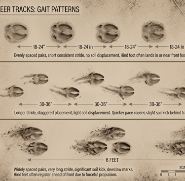 Diagram of whitetail deer tracks showing walking, trotting, and bounding gait patterns with measurements.