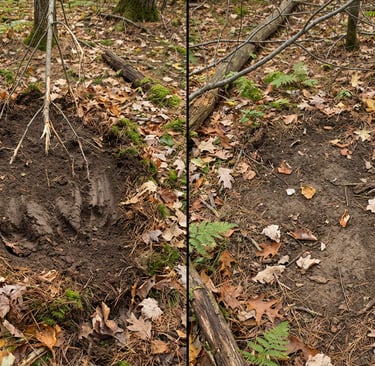 Fresh and old deer scrape and pawed dirt on a forest floor with autumn leaves.
