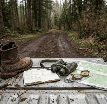 Hiking boots, binoculars, a map, and a compass on a truck tailgate in a dense forest.