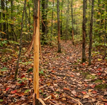 Tree bark stripped by a buck rub on a forest trail with autumn leaves.