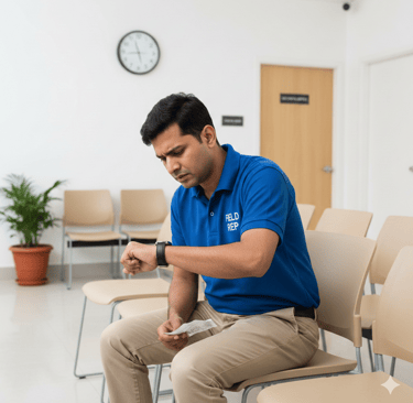 Indian pharmaceutical field representative waiting outside a clinic, showing challenges of tradition