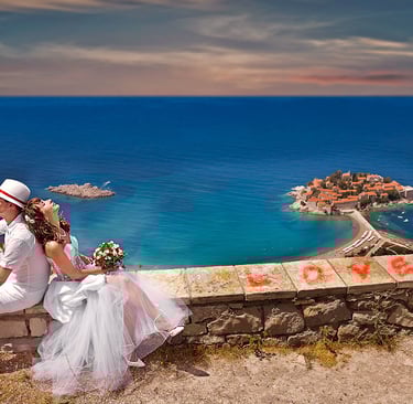 Bride and groom embracing at sunset on Budva beach with turquoise Adriatic Sea and coastal rocks in