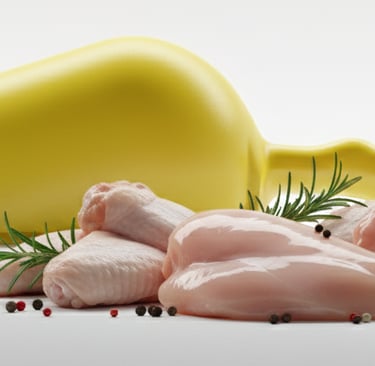 Yellow HACCP scoop for raw chicken processing. Risk prevention color-coding.