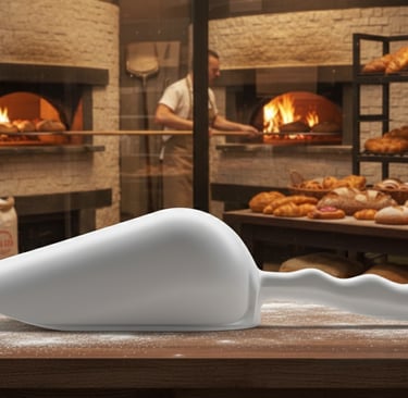 Sessola bianca HACCP per panifici e forni. Ideale per il dosaggio sicuro di farina e polveri alimentari.