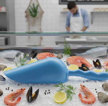 Sessola blu HACCP per pescheria. Progettata per la movimentazione sicura di pesce fresco e ghiaccio.