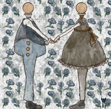 Whimsical watercolor illustration of a Victorian couple holding hands against a blue floral pattern.