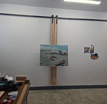 custom built rolling barn door track paint easel