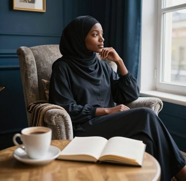 Muslim woman pausing in quiet reflection, representing awareness before making a decision.