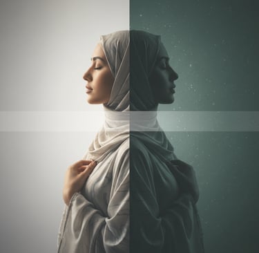 Split image showing inner conflict between avoidance and awareness in a Muslim woman.