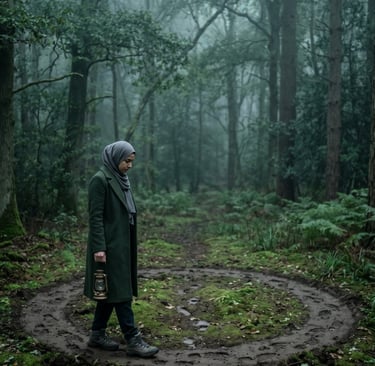 A woman in a hijab and green coat walks through a foggy forest representing a repeating cycle
