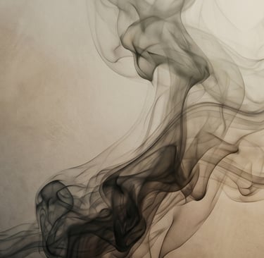Elegant swirls of dark gray smoke rising against a neutral beige background with artistic textures.