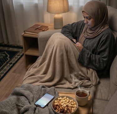 A Muslim woman in a hijab relaxing on a cozy sofa with tea, snacks, and a smartphone.