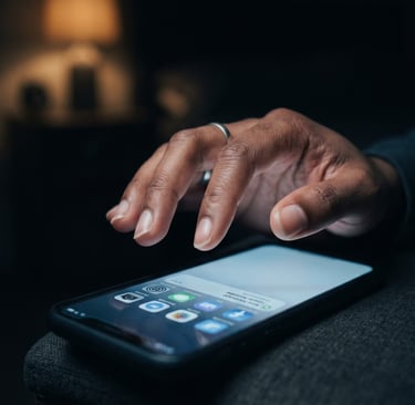 Hand of a person using a smartphone at night in a dark room with a glowing screen.