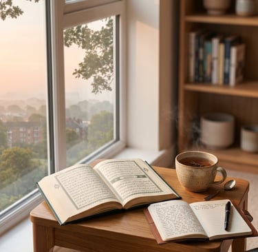 Open Quran and journal on a wooden table with tea by a window at sunrise.