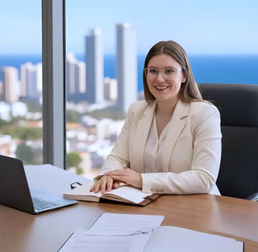 mujer joven sonriente sentada en oficina con vistas a Benidorm, con un ordenador y libreta en la mes