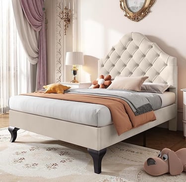 Upholstered Bed with Slatted Frame and Headboard