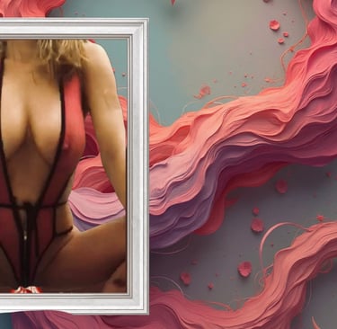 Woman in a red bodysuit framed against a pink and purple abstract wave background.