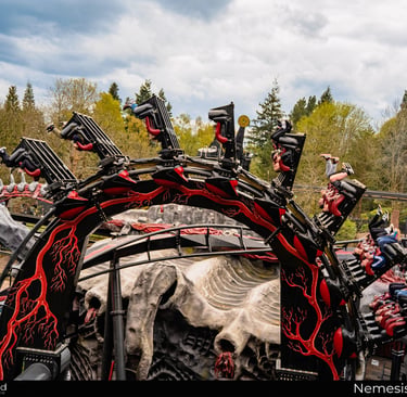 Roller Coaster in an inverted loop with people with legs in the air