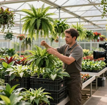A welcoming customer service desk surrounded by lush indoor plants and natural light.