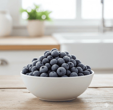 Un recipiente blanco lleno de arándanos congelados sobre una mesa de madera en una cocina luminosa.