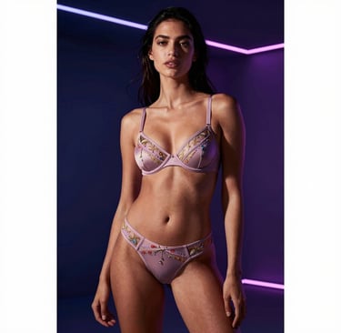 A sophisticated fashion photograph of an elegant model in a premium studio. Deep midnight indigo and rich violet background with sleek neon accent lines. Beautiful cinematic lighting casting dramatic shadows, highlighting her premium lingerie. Latin American / Global setting, seductive and exclusive atmosphere.