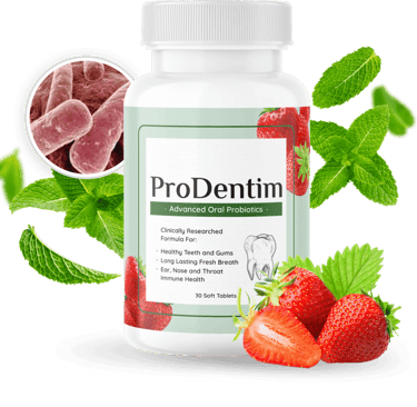 ProDentim probiotic supplement bottle with strawberries, mint leaves, and oral bacteria illustration