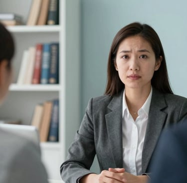 A powerful image of a North American / US legal advisor listening intently to a client in a bright office. The focus is on the advisor's empathetic expression. The background features bookshelves and a soft Light Blue wall.