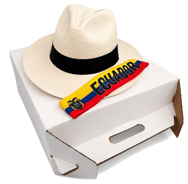 Sombrero de Paja Toquilla Cinta sobre Caja Maletin y Cinta Bandera del Ecuador