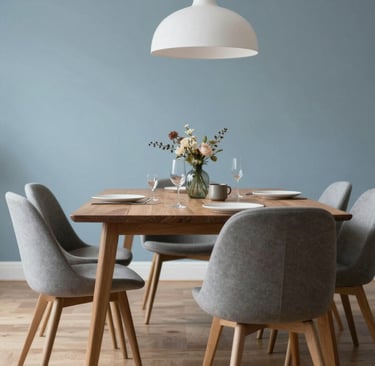 Professional lifestyle photography of a Danish meeting room, minimalist furniture, soft blue tones, clean and inviting professional environment.