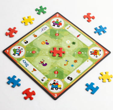 A lively assortment of board games and puzzles stacked neatly
