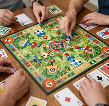 A playful scene with children enjoying board games around a cozy living room.