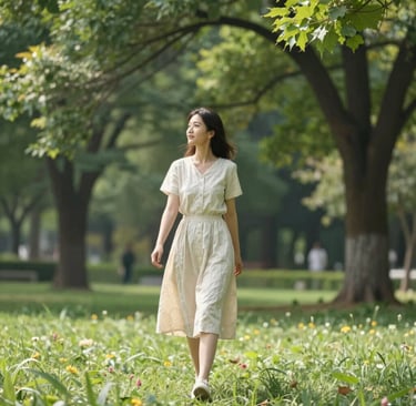 Campus scene with students walking under bright blue sky and leafy trees.