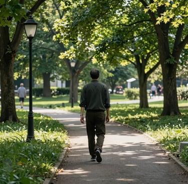 Campus scene with students walking under bright blue sky and leafy trees.