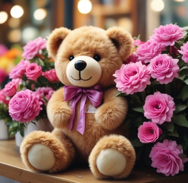 oso de peluche café con un moño morado, sentado entre un ramo de rosas rosas.