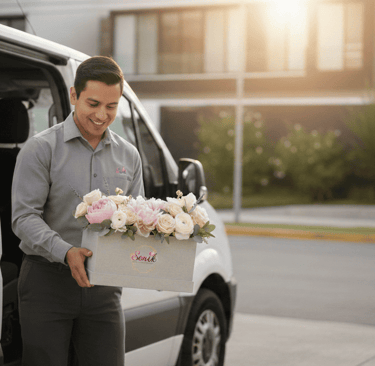 Florista sonriente entregando una caja de lujo con rosas rosas y blancas desde una camioneta 