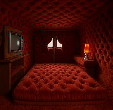 a bed with a red velvet covering inside a van