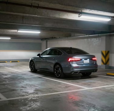A sleek black luxury car parked at the entrance of an elegant hotel under soft evening lights.