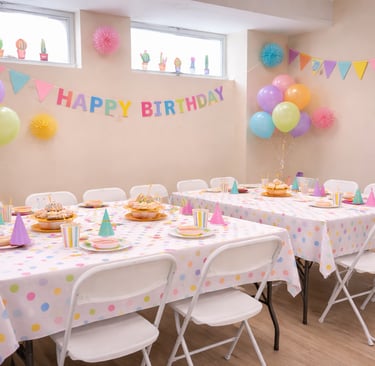 Indoor birthday party room with pastel balloons, bunting banner, and polka dot table settings.