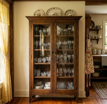 Vintage glassware, English teacups in a Cobb County home archive.
