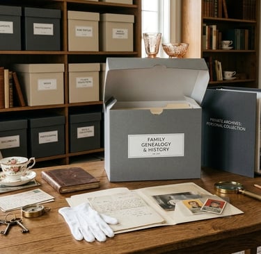 Archivist Marietta: cataloging of heritage photos, English teacups, and baseball trading cards.