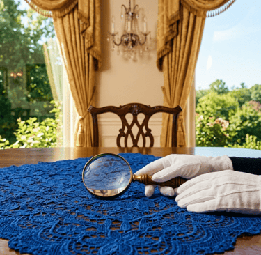 Private Archivist: White gloves and magnifying glass in an elegant Marietta home dining room.