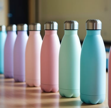 A row of reusable pastel stainless steel water bottles lined up on a gym floor for hydration.