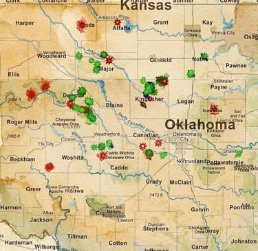 Vintage-style map of Oklahoma showing counties and geographical features with colored data markers.