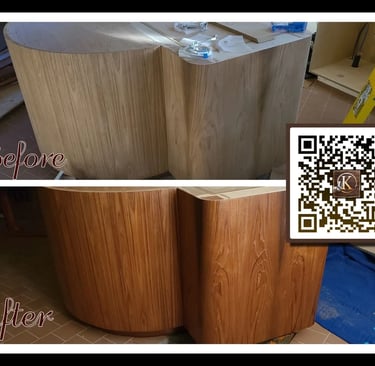 Before and after comparison of a custom wood counter refinished with a professional high-gloss stain.