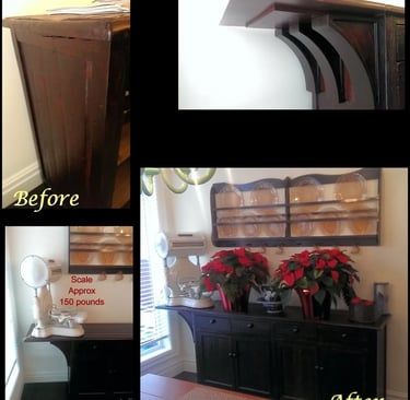 Before and after photos of a restored dark wood buffet hutch featuring a vintage scale and festive poinsettias.