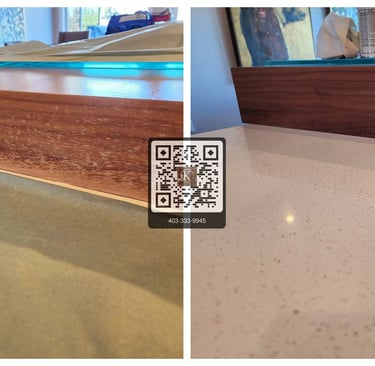 Before and after comparison of professional wood furniture repair and refinishing on a mahogany base.