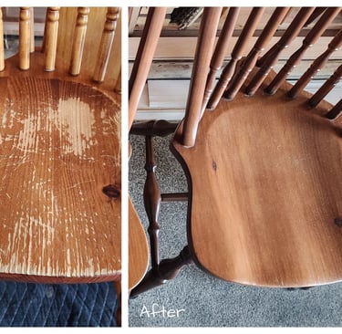 Before and after side-by-side comparison of a wood chair restoration showing refinished seat surface.