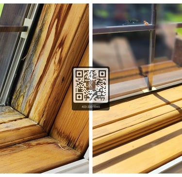 Before and after wood window frame restoration showing repair of water damage and wood rot.