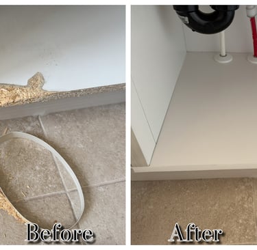 Before and after comparison of a repaired water-damaged particle board cabinet base.